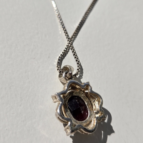 Vintage 925 Sterling Silver Box Chain 15.5” Necklace & JC Red CZ Stone Pendant - Picture 3 of 3